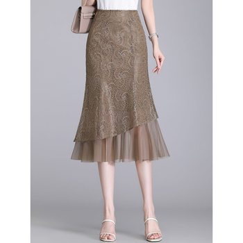 Suknja A-linije od čipke i mreže, visokim strukom, srednja duljina, ljeto 2024