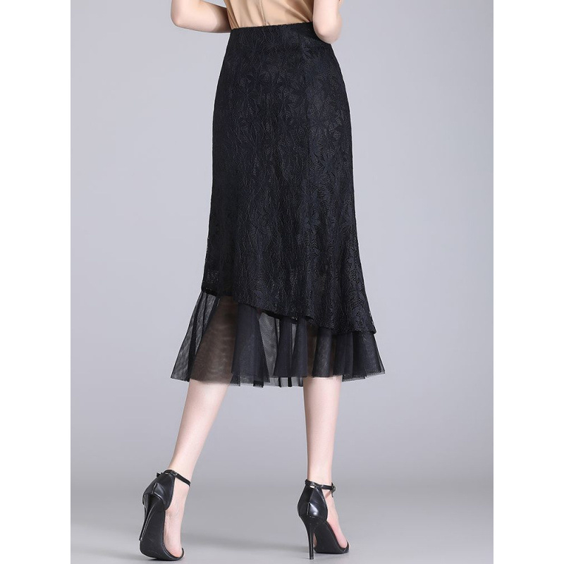 Suknja A-linije od čipke i mreže, visokim strukom, srednja duljina, ljeto 2024