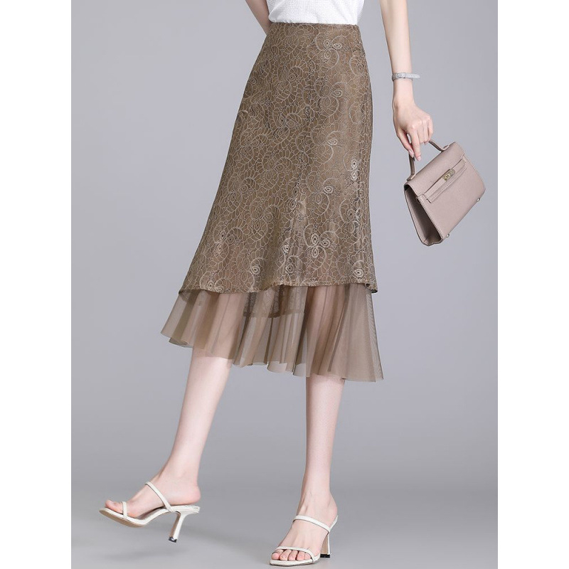 Suknja A-linije od čipke i mreže, visokim strukom, srednja duljina, ljeto 2024