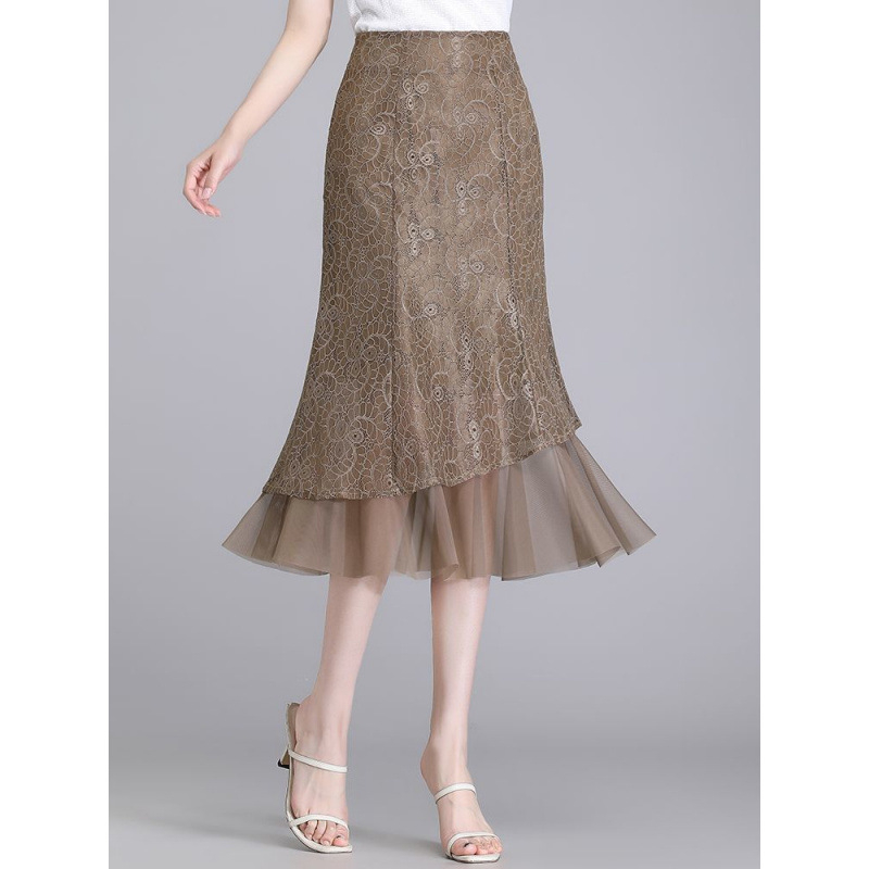 Suknja A-linije od čipke i mreže, visokim strukom, srednja duljina, ljeto 2024