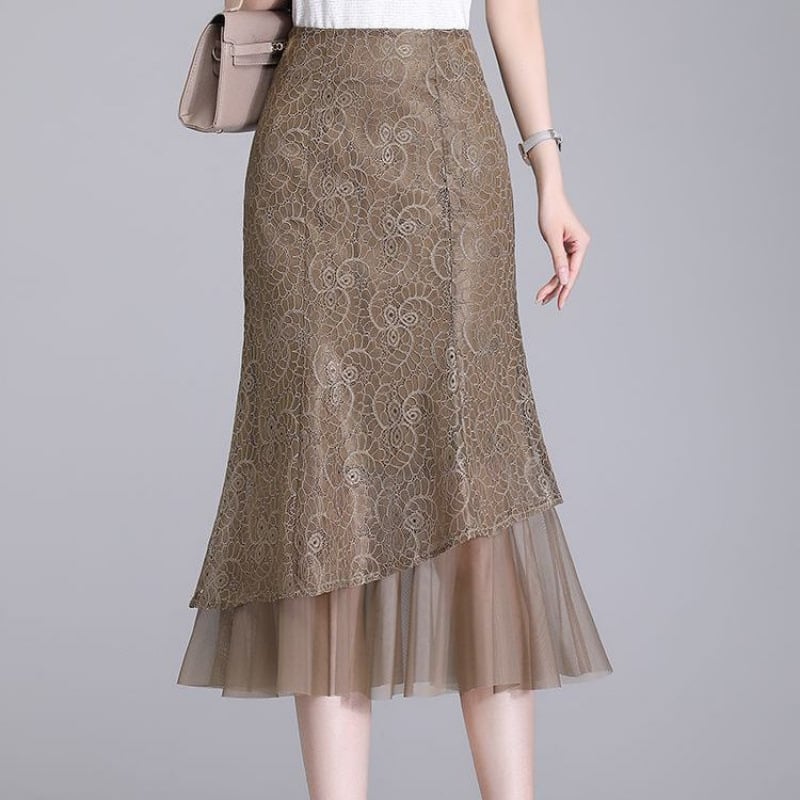 Suknja A-linije od čipke i mreže, visokim strukom, srednja duljina, ljeto 2024