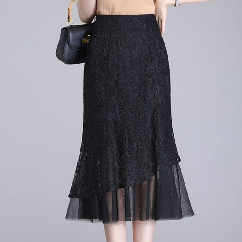 Suknja A-linije od čipke i mreže, visokim strukom, srednja duljina, ljeto 2024