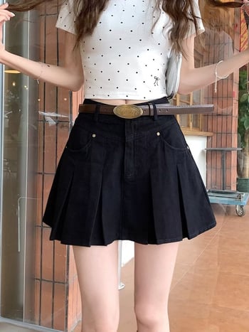 Fustă plisată scurtă, amestec bumbac-poliester, talie înaltă, fără călcare, stil urban