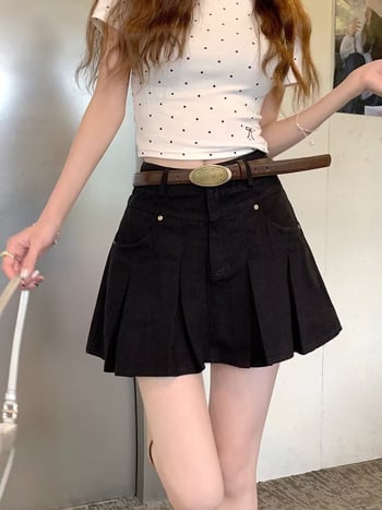 Fustă plisată scurtă, amestec bumbac-poliester, talie înaltă, fără călcare, stil urban