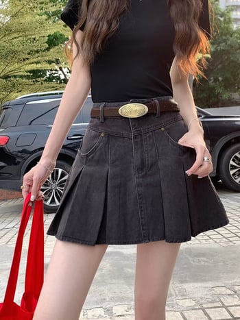 Fustă plisată scurtă, amestec bumbac-poliester, talie înaltă, fără călcare, stil urban