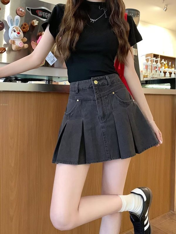 Fustă plisată scurtă, amestec bumbac-poliester, talie înaltă, fără călcare, stil urban