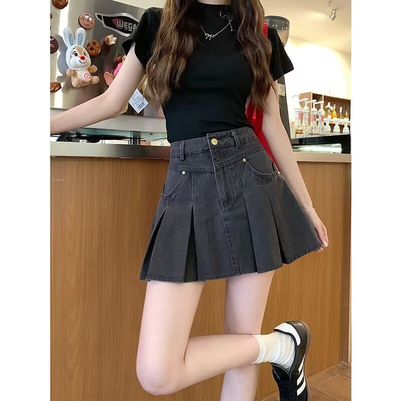 Fustă plisată scurtă, amestec bumbac-poliester, talie înaltă, fără călcare, stil urban