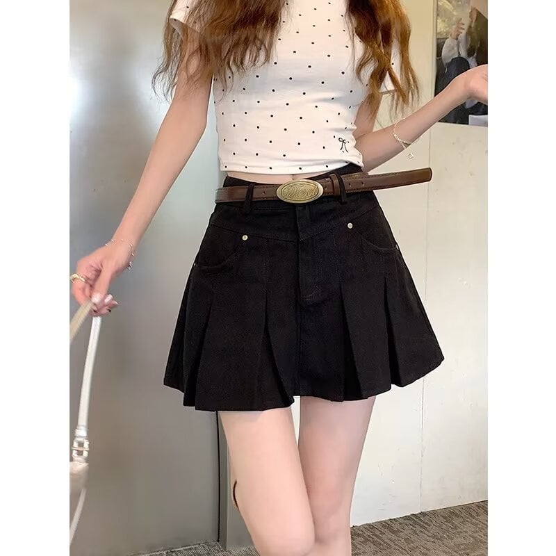 Fustă plisată scurtă, amestec bumbac-poliester, talie înaltă, fără călcare, stil urban