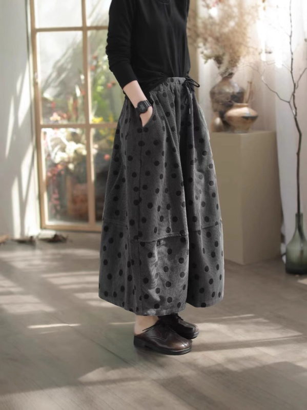 Corduroy A-linije duga suknja za žene, pamuk, književno retro stil, jesen