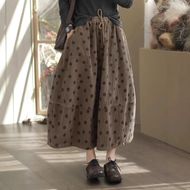 Corduroy A-linije duga suknja za žene, pamuk, književno retro stil, jesen