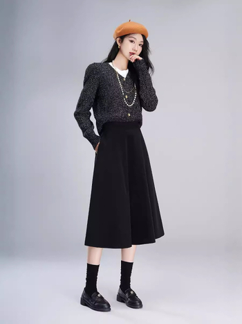 Vunena suknja u Hepburn stilu, A-linija, visok pas, srednja duljina