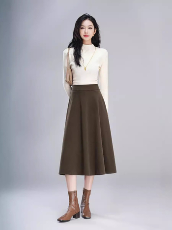 Vunena suknja u Hepburn stilu, A-linija, visok pas, srednja duljina