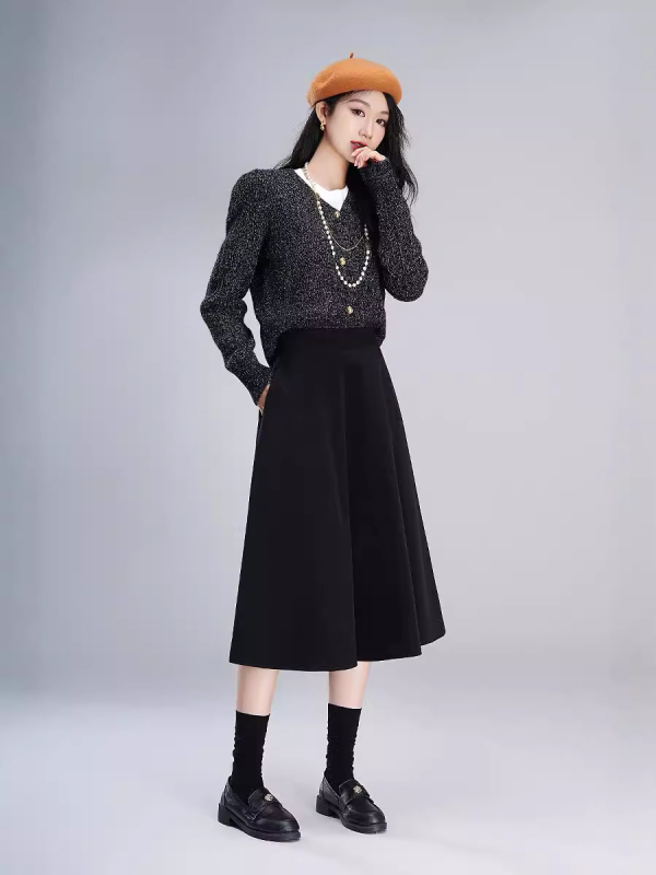 Vunena suknja u Hepburn stilu, A-linija, visok pas, srednja duljina