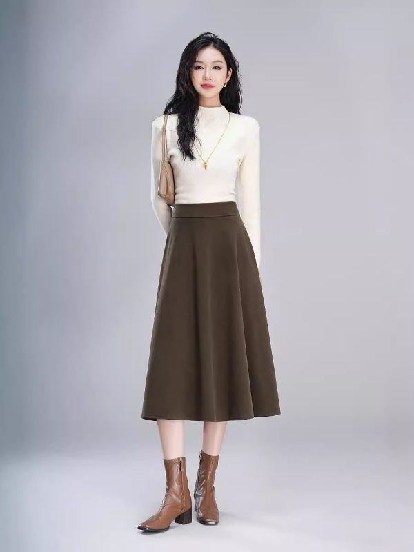 Vunena suknja u Hepburn stilu, A-linija, visok pas, srednja duljina