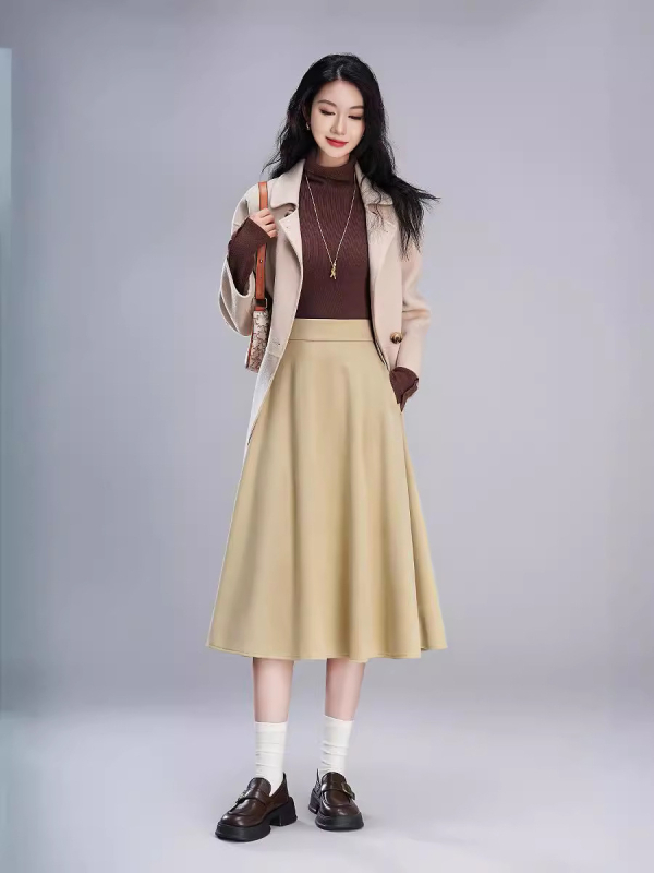 Vunena suknja u Hepburn stilu, A-linija, visok pas, srednja duljina