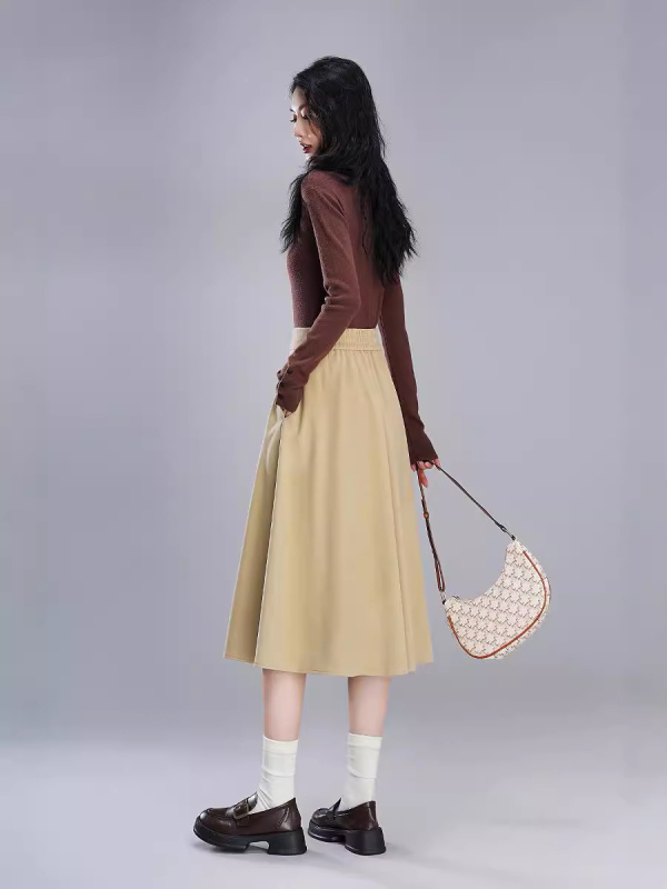 Vunena suknja u Hepburn stilu, A-linija, visok pas, srednja duljina