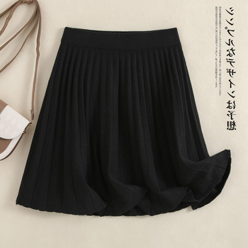 Pletena mini suknja A-linije s volanima, jednobojna poliester tkanina 95%+, jesen 2024