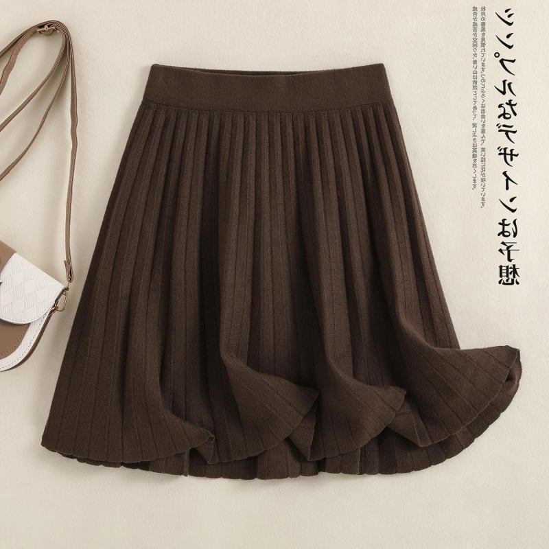 Pletena mini suknja A-linije s volanima, jednobojna poliester tkanina 95%+, jesen 2024