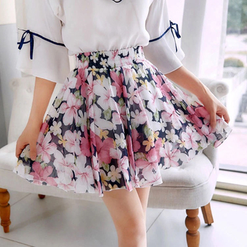 A-linijska šifonska suknja-pantalone, visok pojas, uzorak raskomadanih cvjetova, ljeto 2023