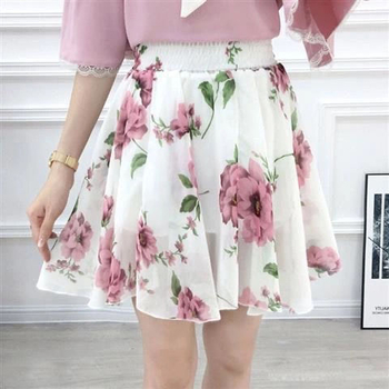 A-linijska šifonska suknja-pantalone, visok pojas, uzorak raskomadanih cvjetova, ljeto 2023