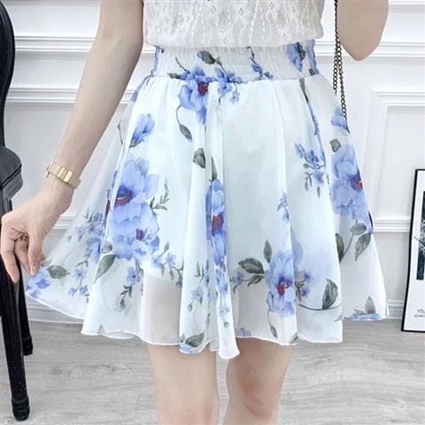 A-linijska šifonska suknja-pantalone, visok pojas, uzorak raskomadanih cvjetova, ljeto 2023