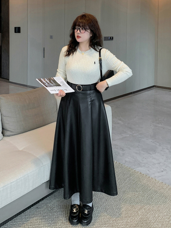 Fustă lungă din PU cu croială umbrelă, țesătură, stil casual japonez/coreean