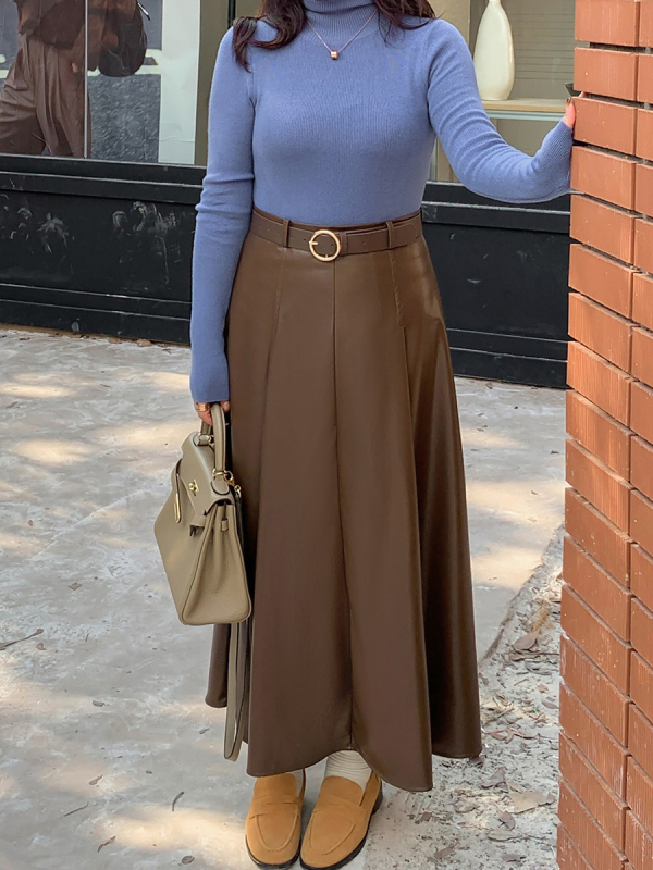 Fustă lungă din PU cu croială umbrelă, țesătură, stil casual japonez/coreean