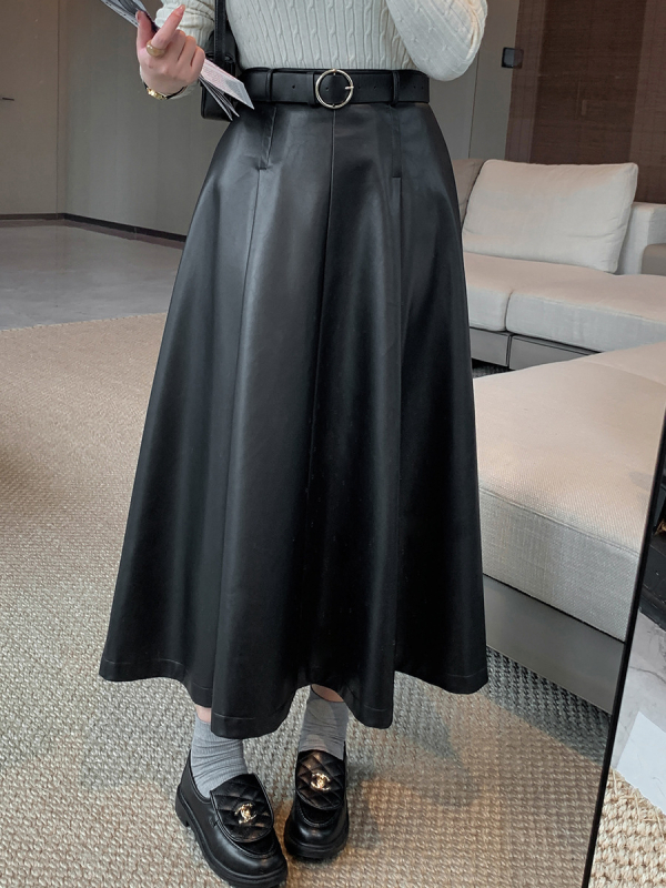 Fustă lungă din PU cu croială umbrelă, țesătură, stil casual japonez/coreean
