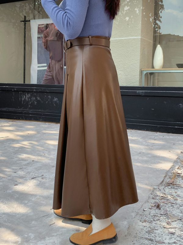 Fustă lungă din PU cu croială umbrelă, țesătură, stil casual japonez/coreean