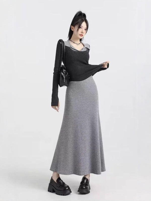 Suknja sirena, duga, visokim strukom, poliester-elastan blend, jesen 2025, casual japansko-korejski stil