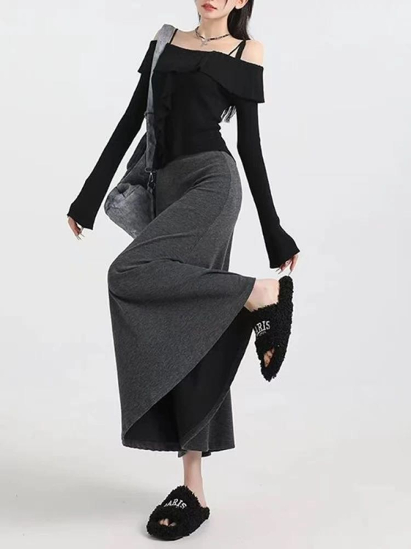 Suknja sirena, duga, visokim strukom, poliester-elastan blend, jesen 2025, casual japansko-korejski stil