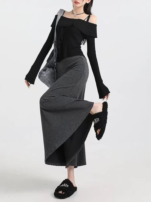 Suknja sirena, duga, visokim strukom, poliester-elastan blend, jesen 2025, casual japansko-korejski stil