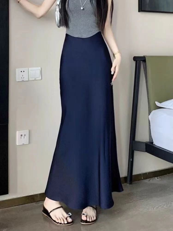 Suknja sirena, duga, visokim strukom, poliester-elastan blend, jesen 2025, casual japansko-korejski stil