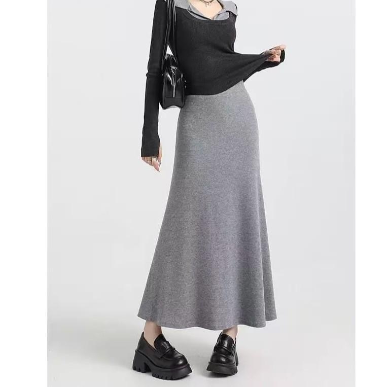 Suknja sirena, duga, visokim strukom, poliester-elastan blend, jesen 2025, casual japansko-korejski stil