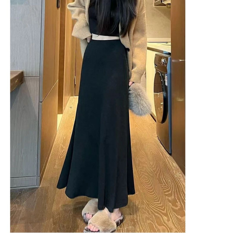 Suknja sirena, duga, visokim strukom, poliester-elastan blend, jesen 2025, casual japansko-korejski stil