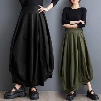 Dlhá sukňa s A-línia, lampiónový strih, zmes bavlny a ľanu, panelové šitie, vintage štýl, jeseň 2024