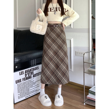 Fustă lungă din lână cu carouri, talie înaltă, croială în A, fixă pe șolduri, stil retro pentru primăvară-toamnă, pentru silueta pară, microelastică