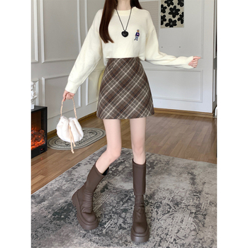 Fustă lungă din lână cu carouri, talie înaltă, croială în A, fixă pe șolduri, stil retro pentru primăvară-toamnă, pentru silueta pară, microelastică