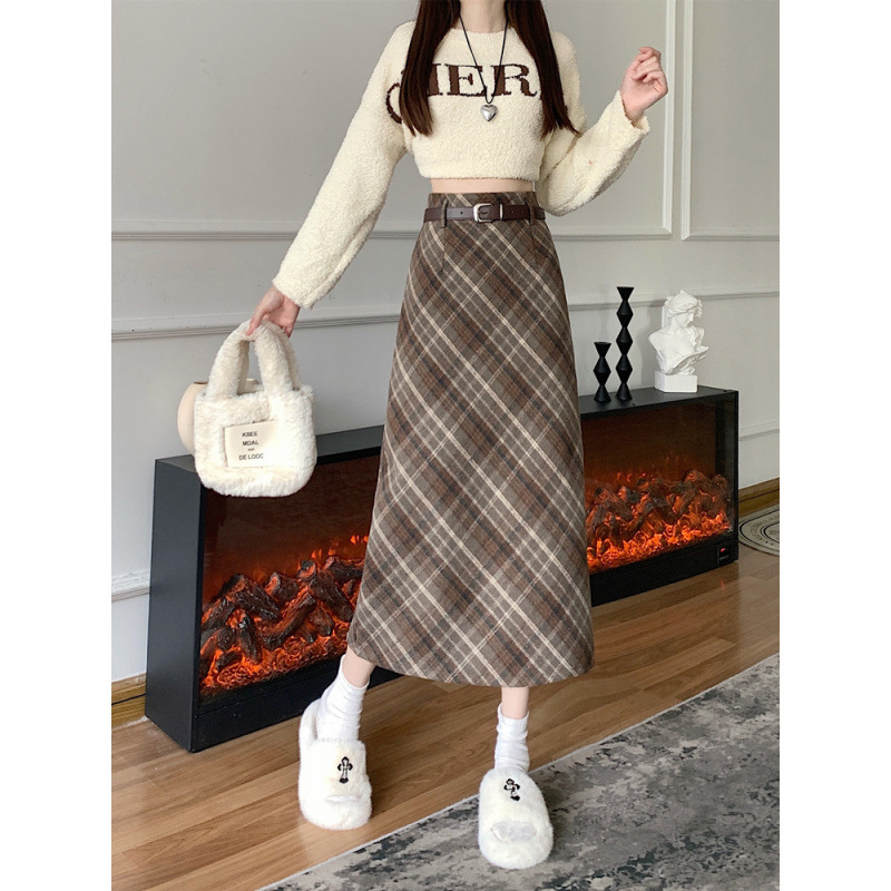 Fustă lungă din lână cu carouri, talie înaltă, croială în A, fixă pe șolduri, stil retro pentru primăvară-toamnă, pentru silueta pară, microelastică