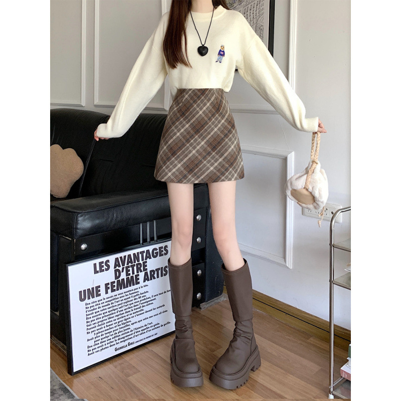 Fustă lungă din lână cu carouri, talie înaltă, croială în A, fixă pe șolduri, stil retro pentru primăvară-toamnă, pentru silueta pară, microelastică