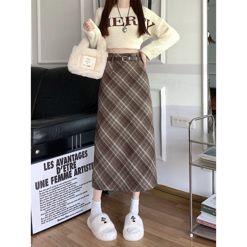 Fustă lungă din lână cu carouri, talie înaltă, croială în A, fixă pe șolduri, stil retro pentru primăvară-toamnă, pentru silueta pară, microelastică