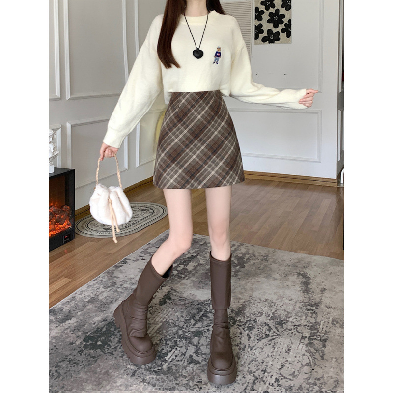 Fustă lungă din lână cu carouri, talie înaltă, croială în A, fixă pe șolduri, stil retro pentru primăvară-toamnă, pentru silueta pară, microelastică