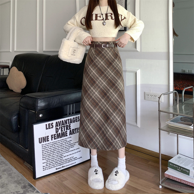 Fustă lungă din lână cu carouri, talie înaltă, croială în A, fixă pe șolduri, stil retro pentru primăvară-toamnă, pentru silueta pară, microelastică