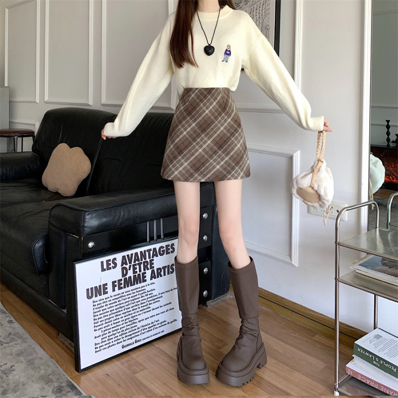 Fustă lungă din lână cu carouri, talie înaltă, croială în A, fixă pe șolduri, stil retro pentru primăvară-toamnă, pentru silueta pară, microelastică