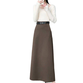 Fustă midi talie înaltă, culoare solidă, țesătură lână, detalii collage, 95% poliester, Toamnă 2022, stil business
