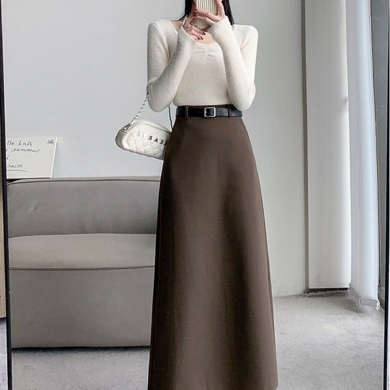 Fustă midi talie înaltă, culoare solidă, țesătură lână, detalii collage, 95% poliester, Toamnă 2022, stil business