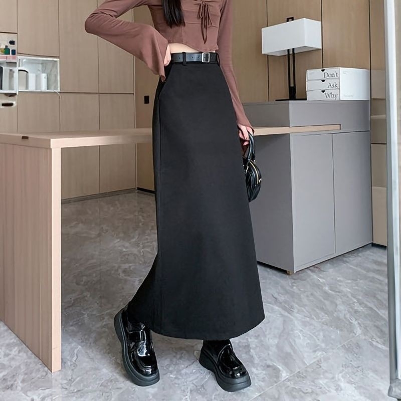 Fustă midi talie înaltă, culoare solidă, țesătură lână, detalii collage, 95% poliester, Toamnă 2022, stil business