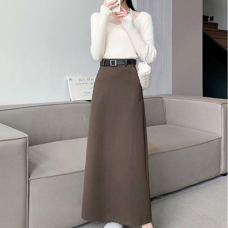 Fustă midi talie înaltă, culoare solidă, țesătură lână, detalii collage, 95% poliester, Toamnă 2022, stil business