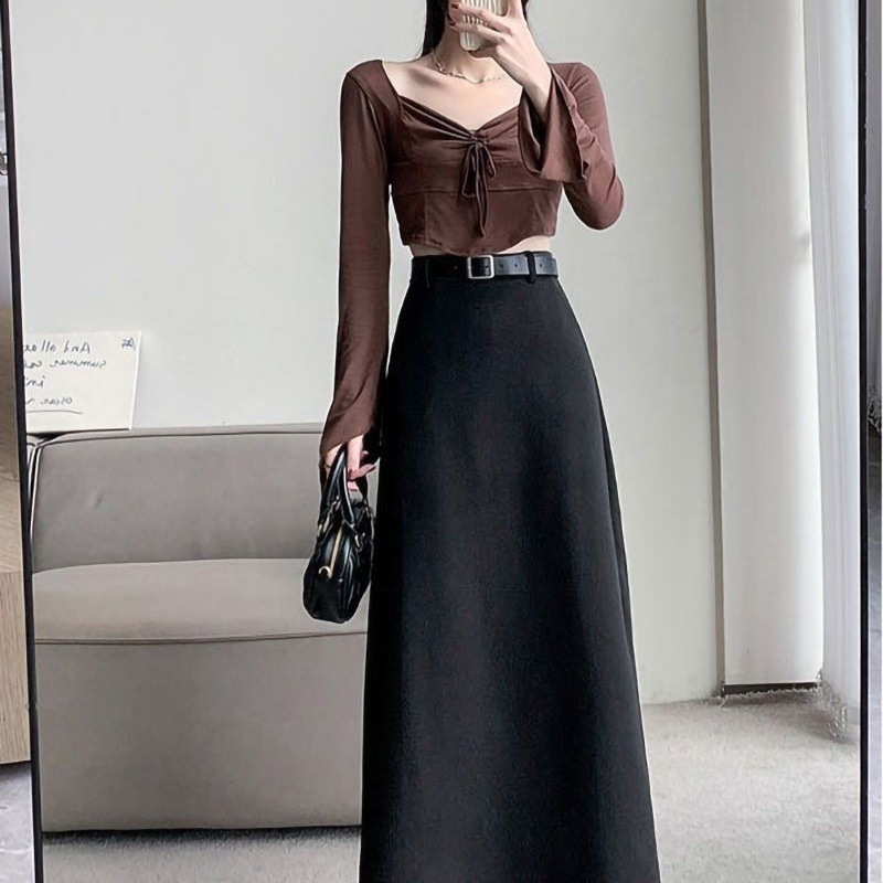 Fustă midi talie înaltă, culoare solidă, țesătură lână, detalii collage, 95% poliester, Toamnă 2022, stil business