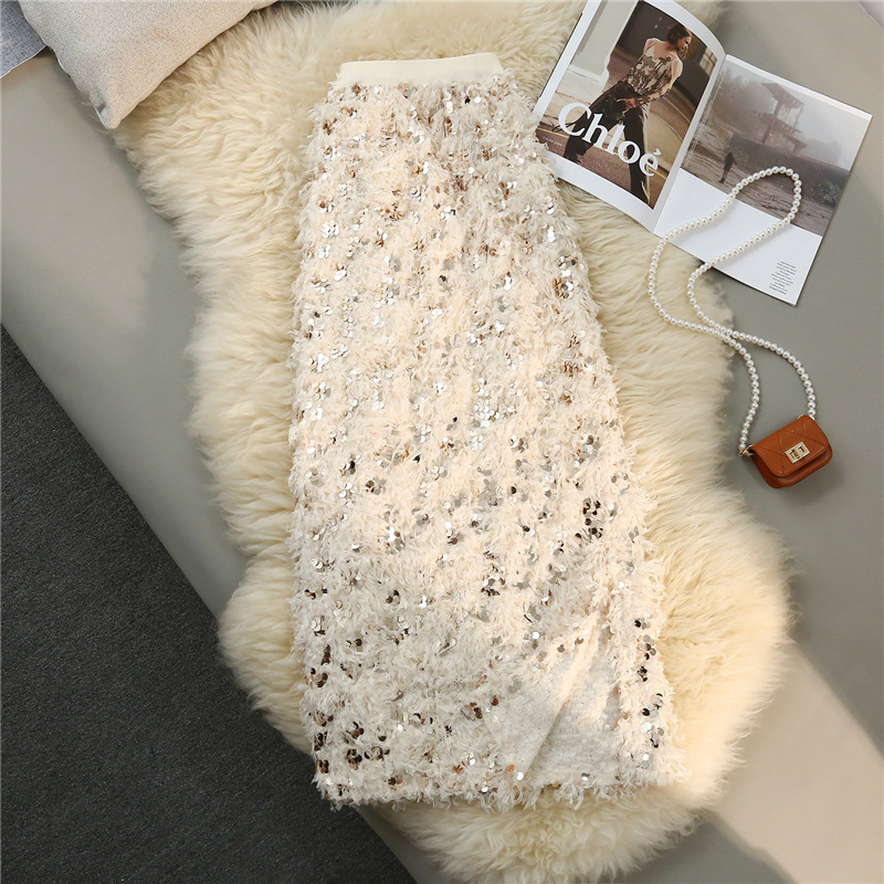 Suknja A-linije, srednje duljine, jednofarbni uzorak, Chenille tkanina, sadržaj Spandexa